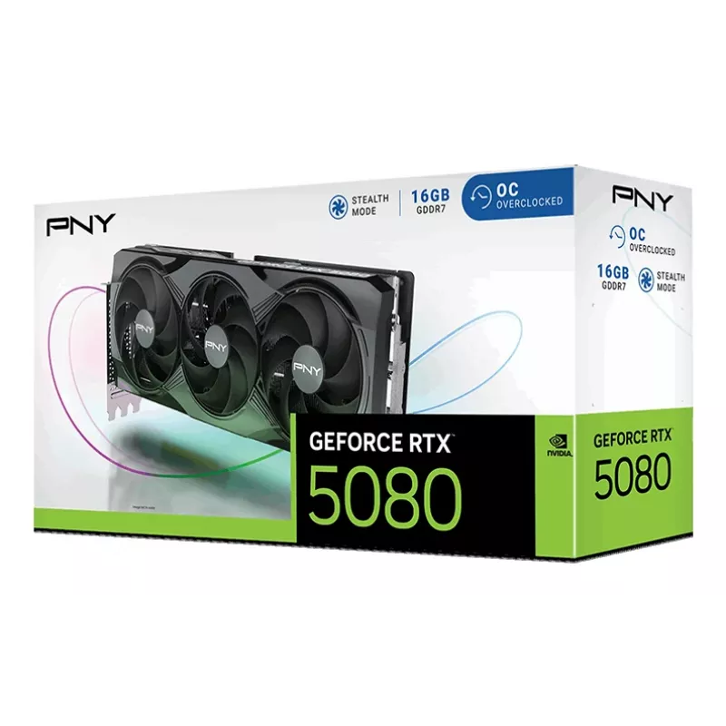 PNY GeForce RTX 5080 16GB Overclocked Triple Fan – 16 GB GDDR7, DisplayPort 2.1b / HDMI 2.1b