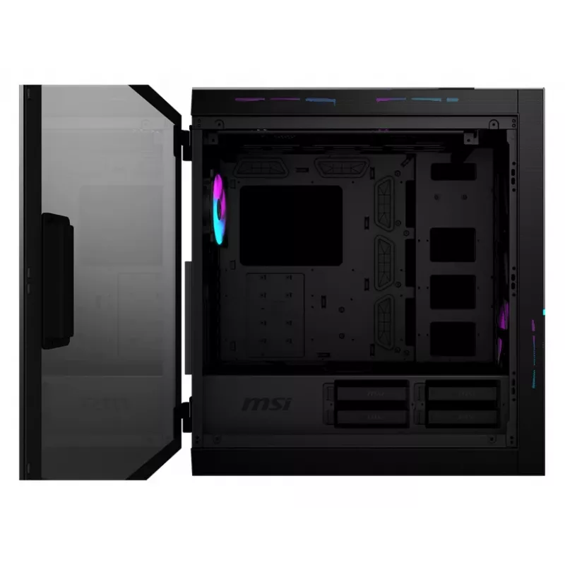 MSI MPG SEKIRA 500X Full Tower kompiuterio korpusas žaidimams 'Juodas, 3x 200mm ARGB + 1x 200mm + 1x120mm ARGB ventiliatoriai, Mystic Light Sync, 8 kanalų ARGB šakotuvas, USB Type-C, grūdinto stiklo plokštės, E-ATX, ATX, mATX, mini-ITX'