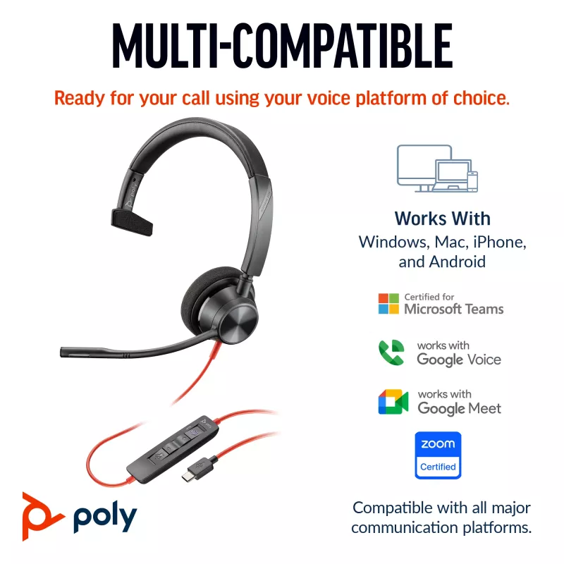 HP Poly Blackwire 3310 monofoninis ausinių komplektas USB-C + USB-C/A adapteris