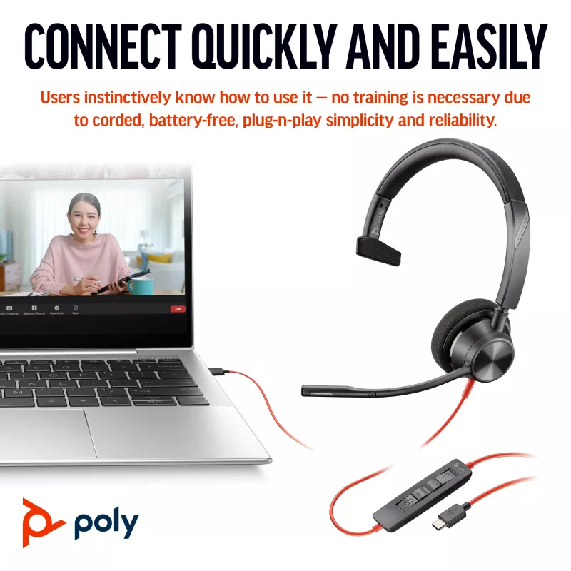 HP Poly Blackwire 3310 monofoninis ausinių komplektas USB-C + USB-C/A adapteris