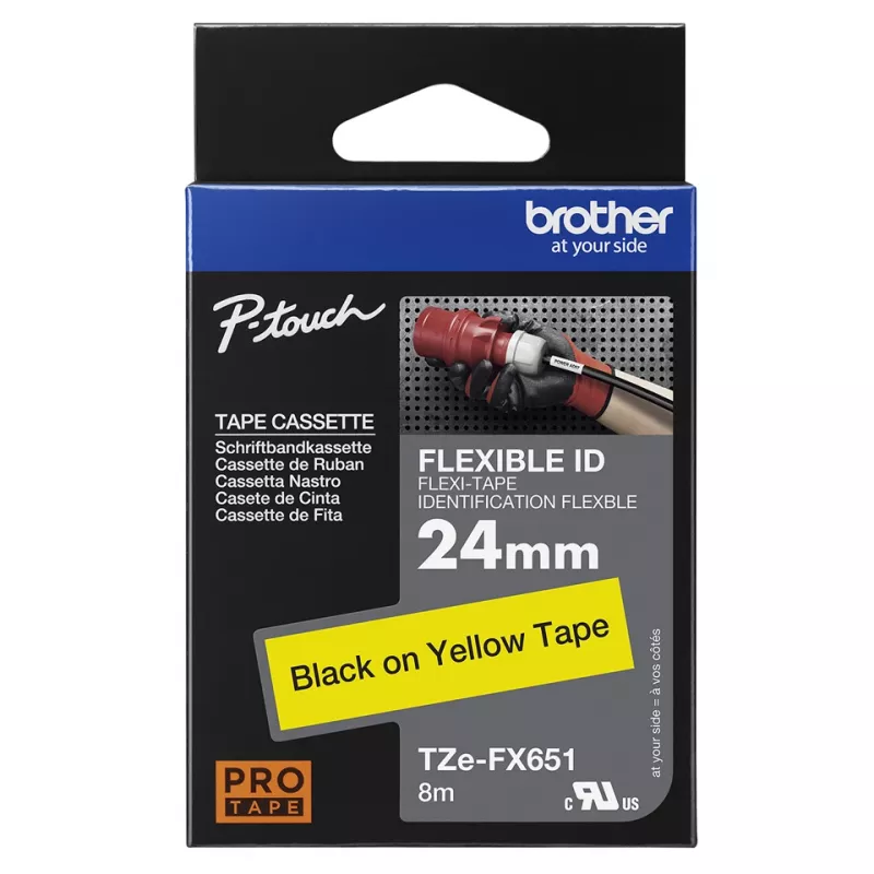 Brother TZE-FX651 lipni juosta etiketėms juoda ant geltono TZ
