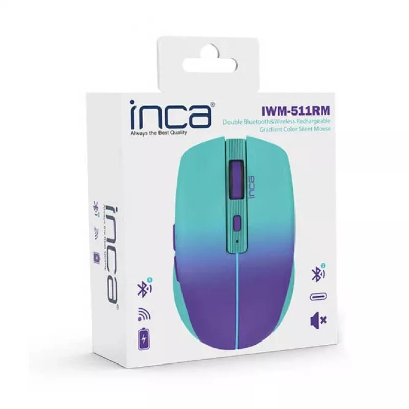 INCA IWM-511RM belaidė pelė – RF belaidis + Bluetooth + USB Type-C – 1600 DPI – 6 mygtukai – žalia violetinė