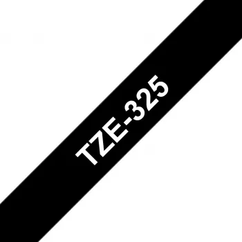 Brother TZE-325 laminuota etikečių juosta, 12 mm × 8 m, baltas tekstas permatomame fone