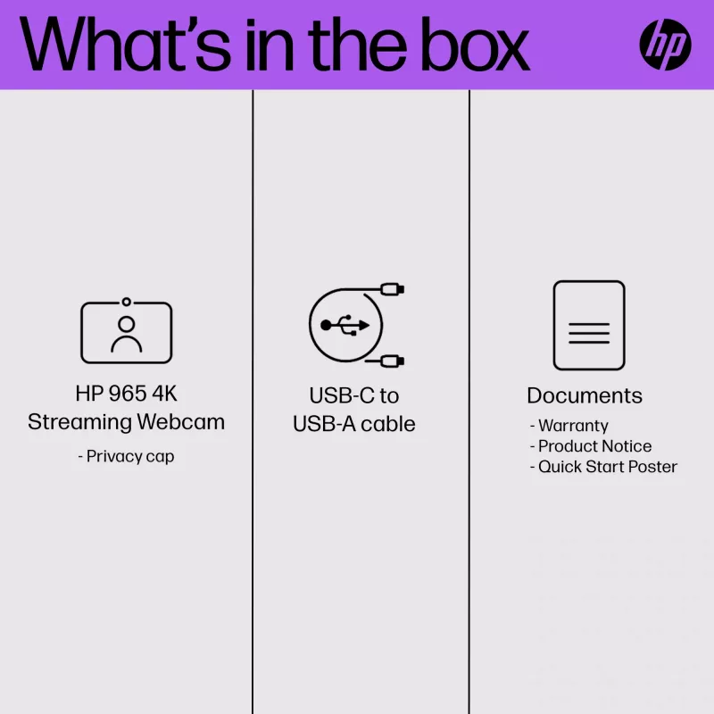 HP 965 4K srautinė internetinė kamera, 8 MP, 3840 x 2160, USB