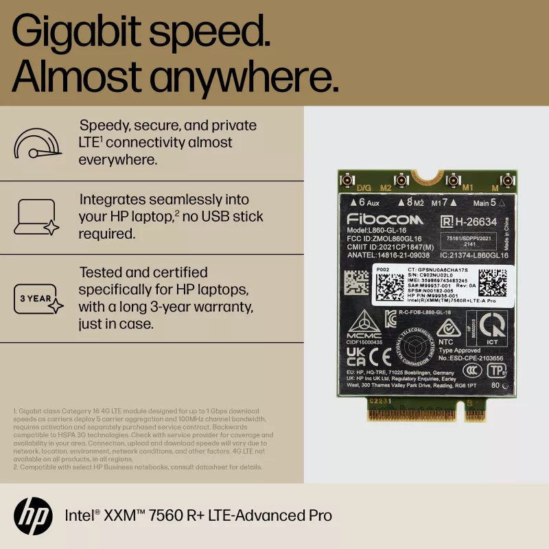 HP XMM 7560 R+ LTE-Advanced Pro WWAN modulis, verslui, Kinija, -20–65 °C, -40–85 °C, Windows 10, Windows 11, 42 mm