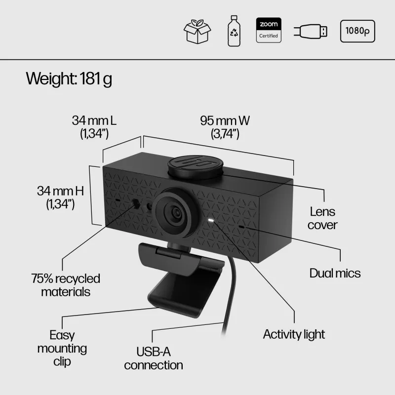 HP 620 FHD Webcam, 4 MP, 1920 x 1080 pikselių, Full HD, 60 kadrų/s, 720p, 1080p, 5x skaitmeninis priartinimas
