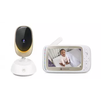 Vaizdo stebėjimo kamera Motorola VM85 CONNECT — 5 colių TFT ekranas, 480×272, 300 m atstumas, 2× skaitmeninis priartinimas, 2,4 GHz Wi‑Fi/FHSS, dvipusis garsas, balta