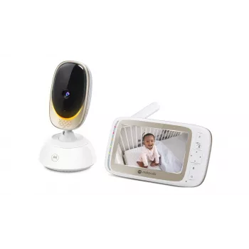 Vaizdo stebėjimo kamera Motorola VM85 CONNECT — 5 colių TFT ekranas, 480×272, 300 m atstumas, 2× skaitmeninis priartinimas, 2,4 GHz Wi‑Fi/FHSS, dvipusis garsas, balta