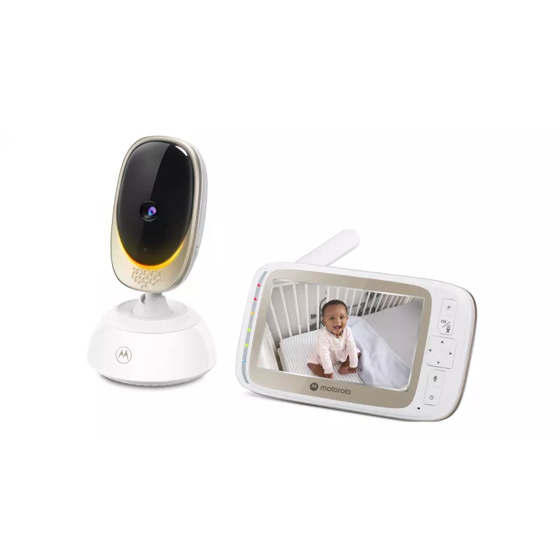 Vaizdo stebėjimo kamera Motorola VM85 CONNECT — 5 colių TFT ekranas, 480×272, 300 m atstumas, 2× skaitmeninis priartinimas, 2,4 GHz Wi‑Fi/FHSS, dvipusis garsas, balta