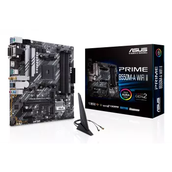 Motininė plokštė ASUS PRIME B550M-A WIFI II micro ATX — AMD B550, Socket AM4, DDR4, 4 DIMM, Wi‑Fi 6, Bluetooth 5.2, 2x M.2, HDMI 2.1