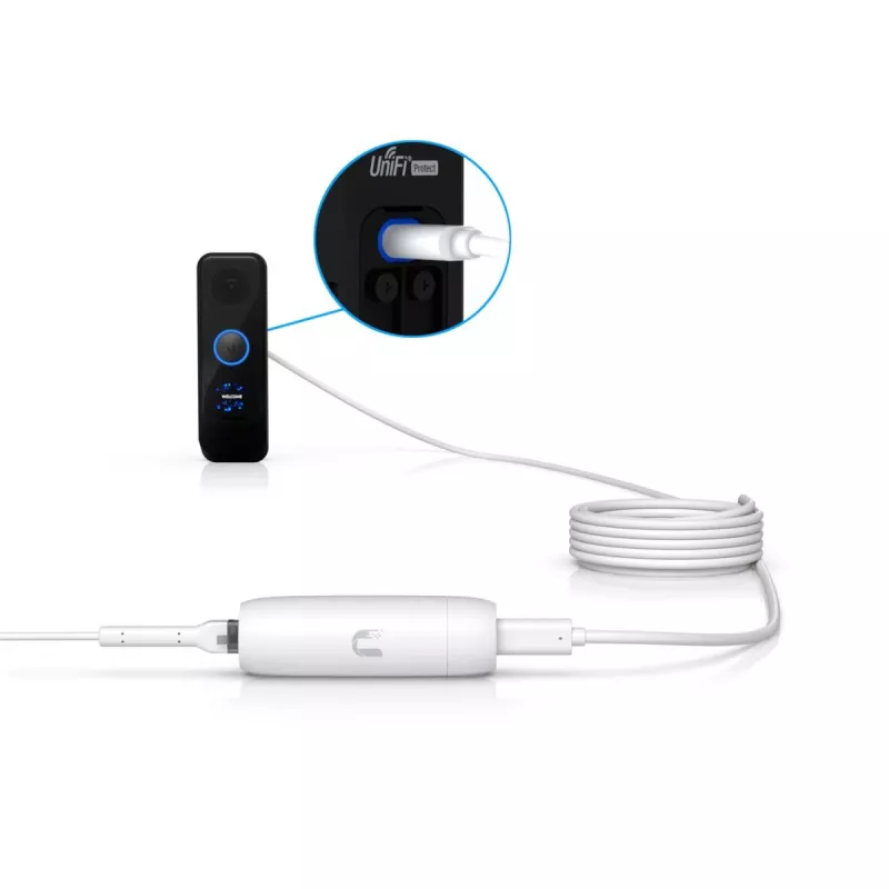 PoE adapteris UBIQUITI UACC-ADAPTER-POE-USBC – 48V įvadas, 5V 0,25A išvadas, kompaktiškas 30,4×30,4×95mm, baltas