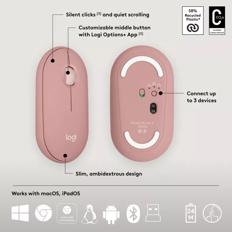 Logitech Pebble 2 Combo belaidė klaviatūra ir pelė rožinė QWERTY