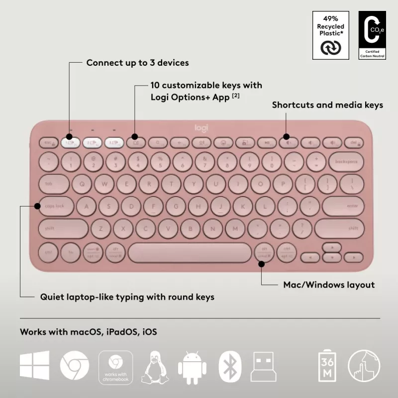 Logitech Pebble 2 Combo belaidė klaviatūra ir pelė rožinė QWERTY