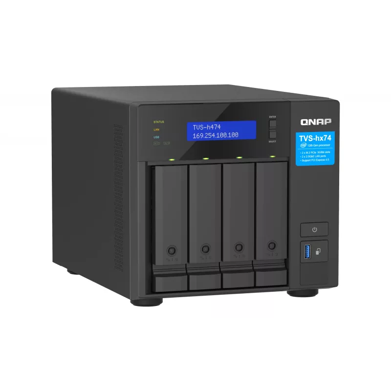 QNAP TVS-H474 bokštinis NAS Intel® Pentium® G7400 8 GB DDR4 0 TB QuTS hero juodas