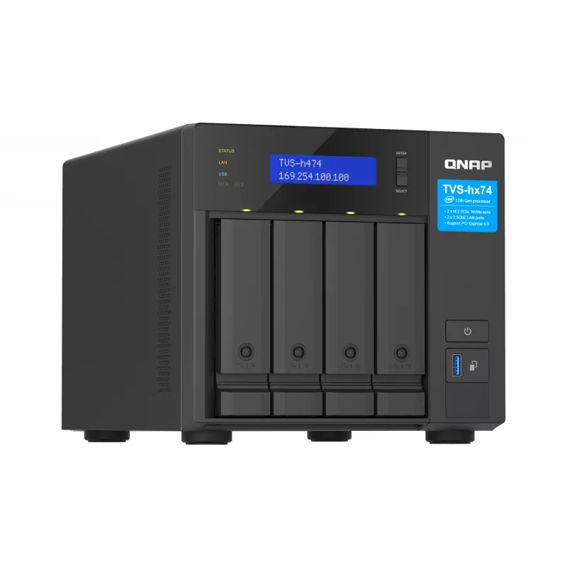 QNAP TVS-H474 bokštinis NAS Intel® Pentium® G7400 8 GB DDR4 0 TB QuTS hero juodas