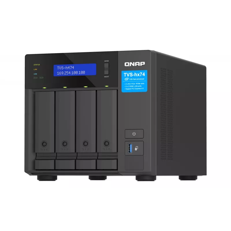 QNAP TVS-H474 bokštinis NAS Intel® Pentium® G7400 8 GB DDR4 0 TB QuTS hero juodas