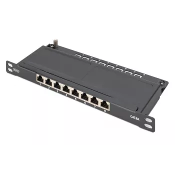 DIGITUS Patch Panel CAT6A ekranuotas, 8 prievadų, 1/2U, 10 inch stovo montavimui, juodas RAL 9005