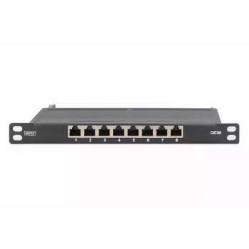 DIGITUS Patch Panel CAT6A ekranuotas, 8 prievadų, 1/2U, 10 inch stovo montavimui, juodas RAL 9005