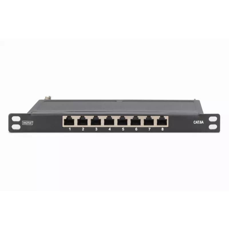 DIGITUS Patch Panel CAT6A ekranuotas, 8 prievadų, 1/2U, 10 inch stovo montavimui, juodas RAL 9005