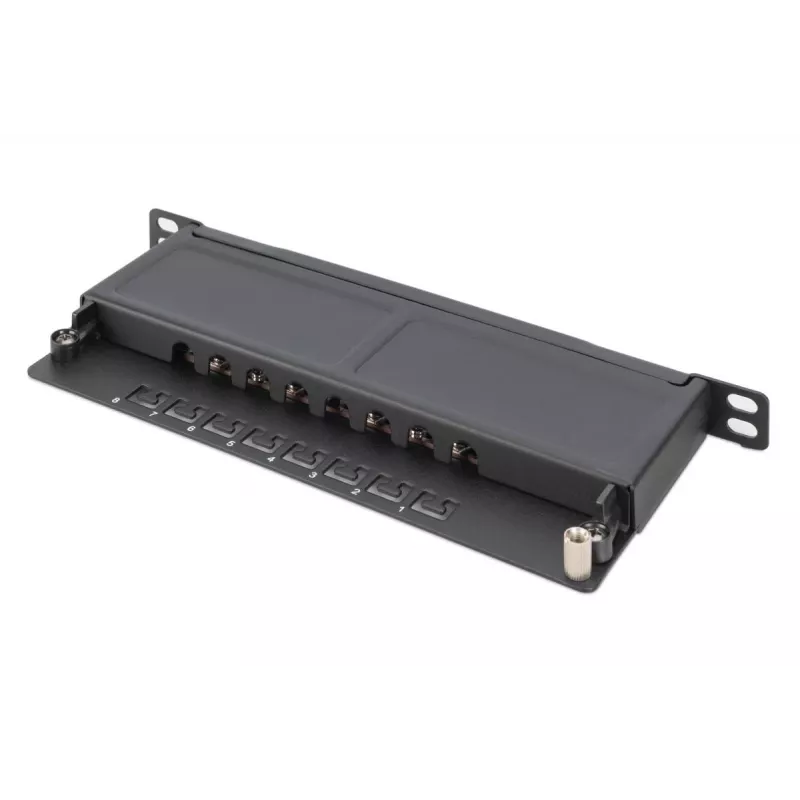 DIGITUS Patch Panel CAT6A ekranuotas, 8 prievadų, 1/2U, 10 inch stovo montavimui, juodas RAL 9005