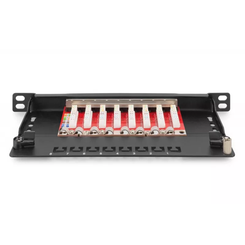 DIGITUS Patch Panel CAT6A ekranuotas, 8 prievadų, 1/2U, 10 inch stovo montavimui, juodas RAL 9005