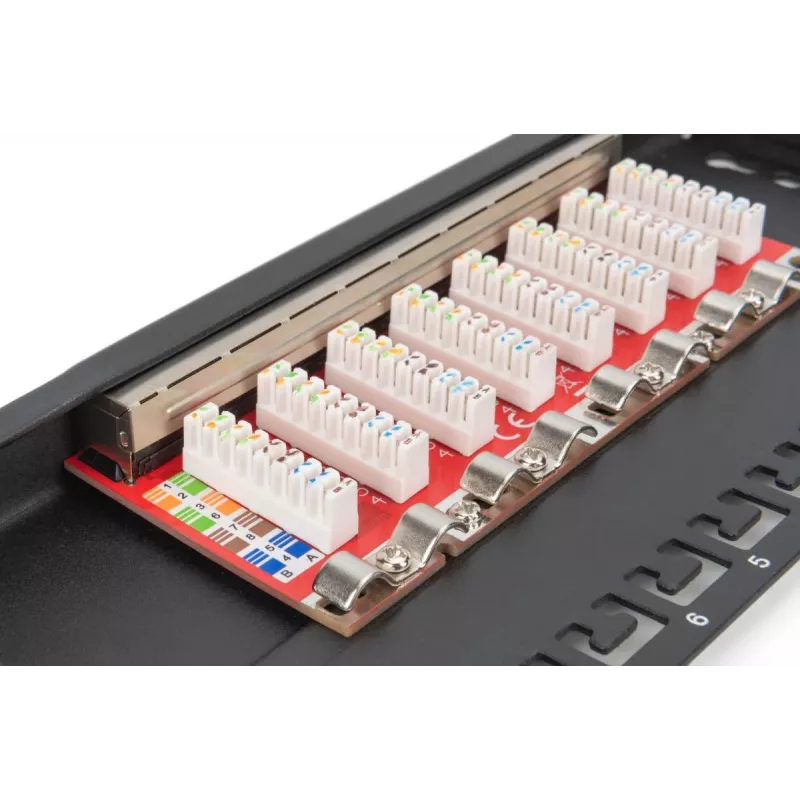 DIGITUS Patch Panel CAT6A ekranuotas, 8 prievadų, 1/2U, 10 inch stovo montavimui, juodas RAL 9005