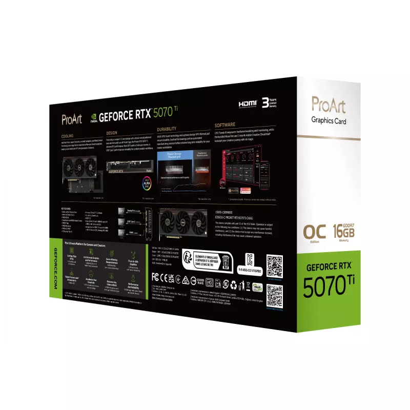 Vaizdo plokštė ASUS ProArt GeForce RTX 5070 Ti 16GB GDDR7, PCIe 5.0, 256 bitų, 304 mm, 3 ventiliatoriai