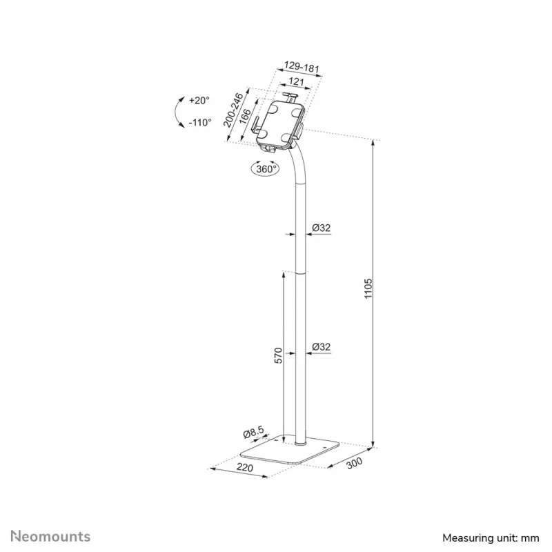 Neomounts FL15-625BL1 grindinis stovas planšetei 7,9–11 colių – užrakinamas – universalus