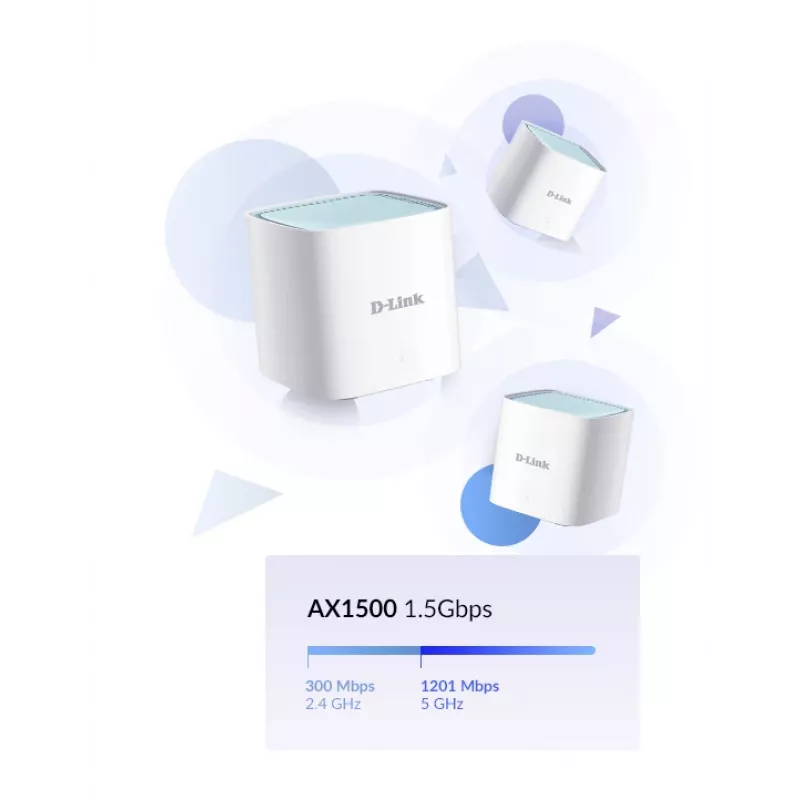 D-Link EAGLE PRO AI AX1500 „Mesh“ sistema – 3 komplekte, balta, vidaus, „Mesh“ sistema, maitinimo, būsenos, 500 m², dviejų juostų (2,4 GHz / 5 GHz)
