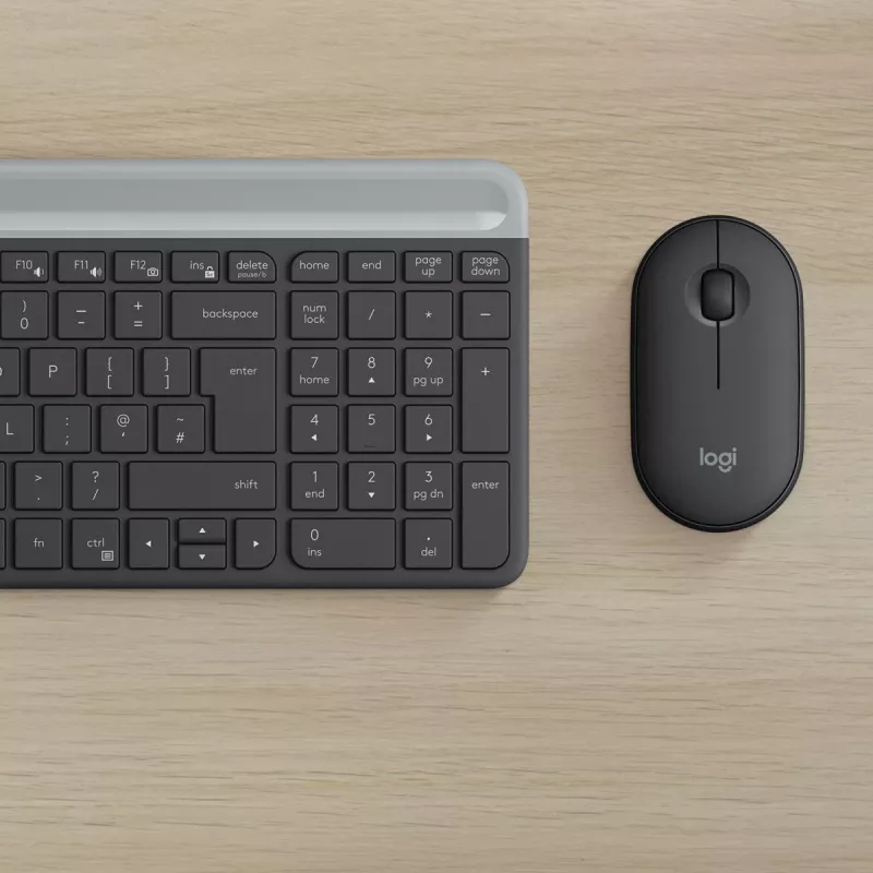 LOGITECH MK470 belaidė klaviatūra ir pelė – kompaktiškas rinkinys (grafitas, AZERTY belgų išdėstymas)
