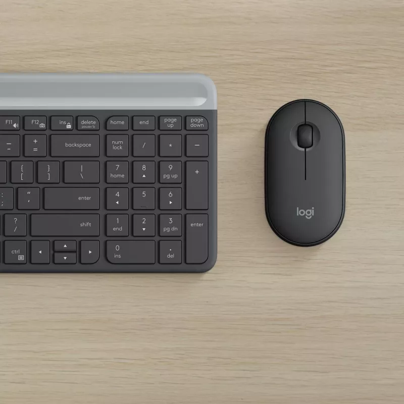 LOGITECH MK470 belaidė klaviatūra ir pelė – kompaktiškas rinkinys (grafitas, AZERTY belgų išdėstymas)