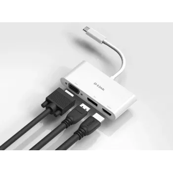 D-Link 3-in-1 USB-C į HDMI/VGA/DisplayPort adapteris, laidinis, USB 3.2 Gen 1 (3.1 Gen 1) Type-C, baltas, CE, FCC, IC, RCM, DC, 0,04 A