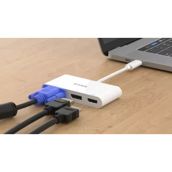 D-Link 3-in-1 USB-C į HDMI/VGA/DisplayPort adapteris, laidinis, USB 3.2 Gen 1 (3.1 Gen 1) Type-C, baltas, CE, FCC, IC, RCM, DC, 0,04 A