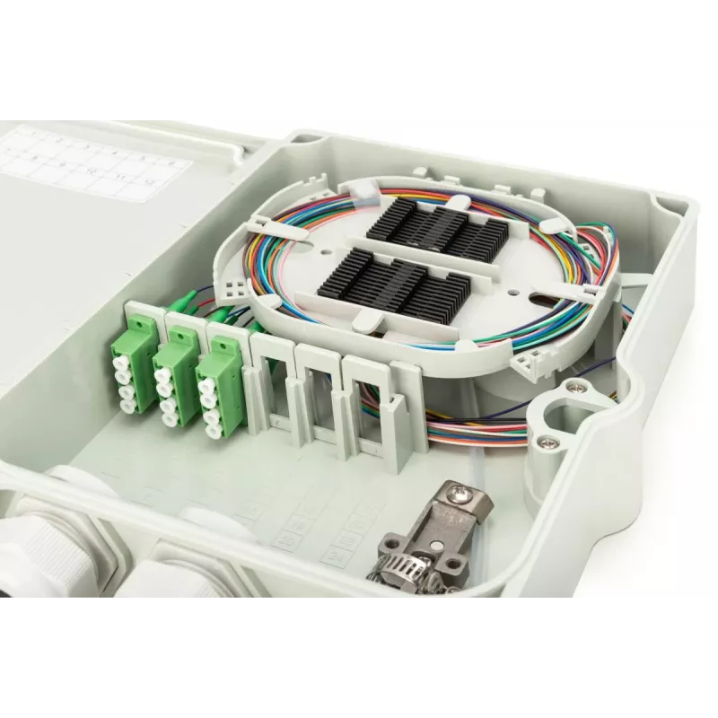 DIGITUS FTTH paskirstymo dėžutė – vienmodė LC-APC su iš ankoto sumontuotais jungikliais ir pigtailais
