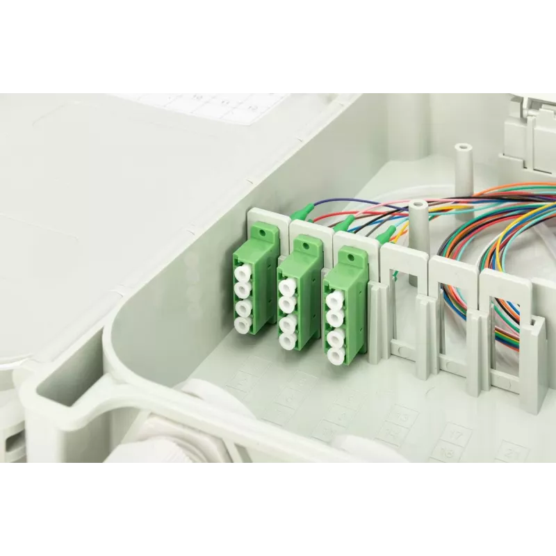 DIGITUS FTTH paskirstymo dėžutė – vienmodė LC-APC su iš ankoto sumontuotais jungikliais ir pigtailais