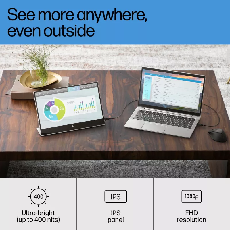 Nešiojamas monitorius HP E-Series E14 G4, 35,6 cm (14 colių), 1920 x 1080 pikselių, Full HD, LCD, 5 ms, sidabrinis