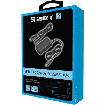 Sandberg USB-C AC Charger PD65W EU+UK įkroviklis, universalus, vidaus, 230 V, 65 W, AC-DC, juodas