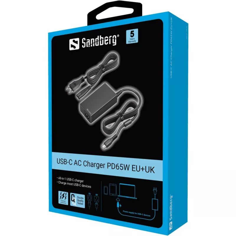 Sandberg USB-C AC Charger PD65W EU+UK įkroviklis, universalus, vidaus, 230 V, 65 W, AC-DC, juodas