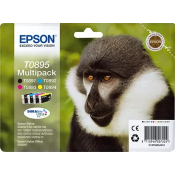 Epson Monkey Multipack 4 spalvų T0895 DURABrite Ultra rašalas, juoda, žydra, purpurinė, geltona, 5,8 ml, 3,5 ml, 1 vnt., kelių spalvų rinkinys