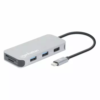 Manhattan USB-C Dock / Hub su kortelių skaitytuvu, 6 prievadai: Ethernet, HDMI, USB-A (x3) ir USB-C, su Power Delivery (100 W) USB-C prievadui, universalus, kabelis 15 cm, aliuminis, sidabrinis