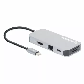 Manhattan USB-C Dock / Hub su kortelių skaitytuvu, 6 prievadai: Ethernet, HDMI, USB-A (x3) ir USB-C, su Power Delivery (100 W) USB-C prievadui, universalus, kabelis 15 cm, aliuminis, sidabrinis