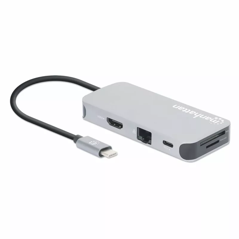 Manhattan USB-C Dock / Hub su kortelių skaitytuvu, 6 prievadai: Ethernet, HDMI, USB-A (x3) ir USB-C, su Power Delivery (100 W) USB-C prievadui, universalus, kabelis 15 cm, aliuminis, sidabrinis