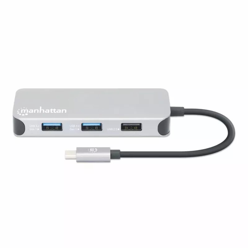 Manhattan USB-C Dock / Hub su kortelių skaitytuvu, 6 prievadai: Ethernet, HDMI, USB-A (x3) ir USB-C, su Power Delivery (100 W) USB-C prievadui, universalus, kabelis 15 cm, aliuminis, sidabrinis