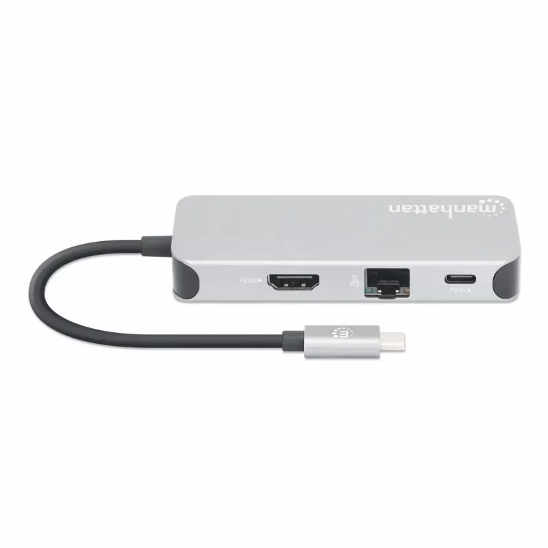 Manhattan USB-C Dock / Hub su kortelių skaitytuvu, 6 prievadai: Ethernet, HDMI, USB-A (x3) ir USB-C, su Power Delivery (100 W) USB-C prievadui, universalus, kabelis 15 cm, aliuminis, sidabrinis