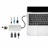 Manhattan USB-C Dock / Hub su kortelių skaitytuvu, 6 prievadai: Ethernet, HDMI, USB-A (x3) ir USB-C, su Power Delivery (100 W) USB-C prievadui, universalus, kabelis 15 cm, aliuminis, sidabrinis