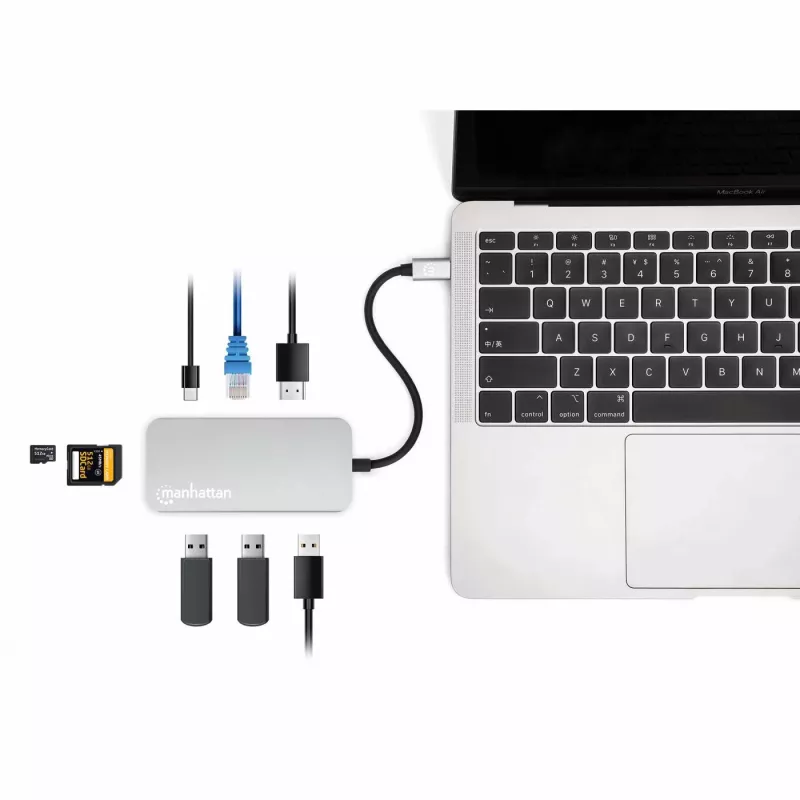 Manhattan USB-C Dock / Hub su kortelių skaitytuvu, 6 prievadai: Ethernet, HDMI, USB-A (x3) ir USB-C, su Power Delivery (100 W) USB-C prievadui, universalus, kabelis 15 cm, aliuminis, sidabrinis