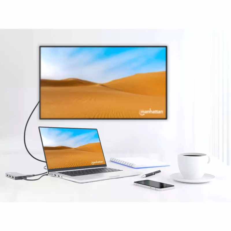 Manhattan USB-C Dock / Hub su kortelių skaitytuvu, 6 prievadai: Ethernet, HDMI, USB-A (x3) ir USB-C, su Power Delivery (100 W) USB-C prievadui, universalus, kabelis 15 cm, aliuminis, sidabrinis