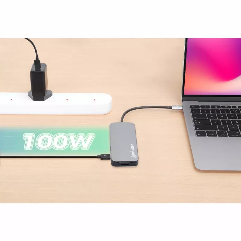 Manhattan USB-C Dock / Hub su kortelių skaitytuvu, 6 prievadai: Ethernet, HDMI, USB-A (x3) ir USB-C, su Power Delivery (100 W) USB-C prievadui, universalus, kabelis 15 cm, aliuminis, sidabrinis