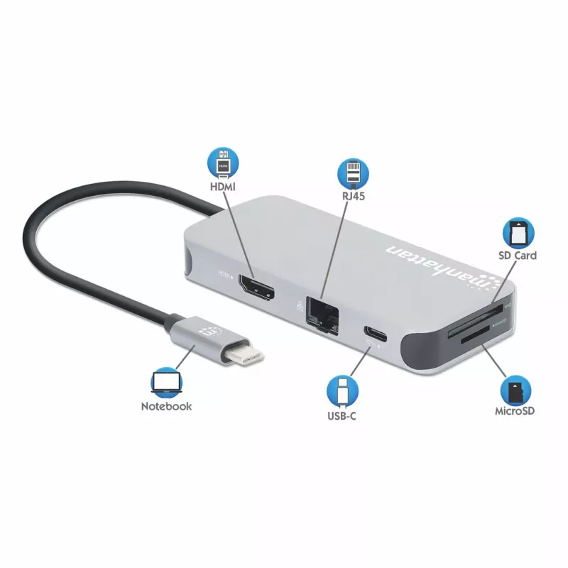 Manhattan USB-C Dock / Hub su kortelių skaitytuvu, 6 prievadai: Ethernet, HDMI, USB-A (x3) ir USB-C, su Power Delivery (100 W) USB-C prievadui, universalus, kabelis 15 cm, aliuminis, sidabrinis