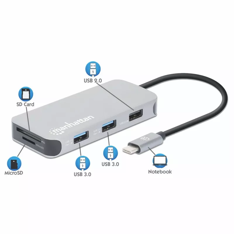 Manhattan USB-C Dock / Hub su kortelių skaitytuvu, 6 prievadai: Ethernet, HDMI, USB-A (x3) ir USB-C, su Power Delivery (100 W) USB-C prievadui, universalus, kabelis 15 cm, aliuminis, sidabrinis